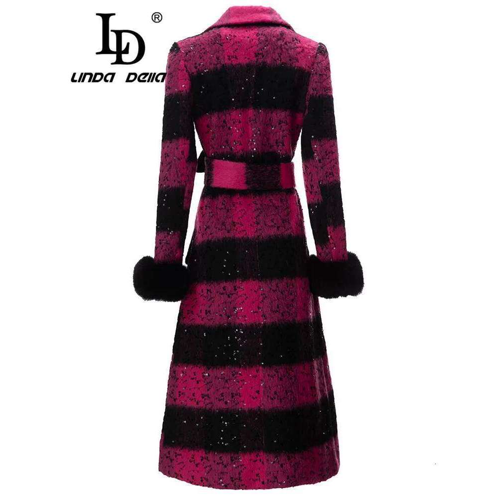 LD LINDA DELLA Winter Fashion Warm Women Color Match Single-Breasted Belt Sequin Detachable Feather Long Sleeve Coat