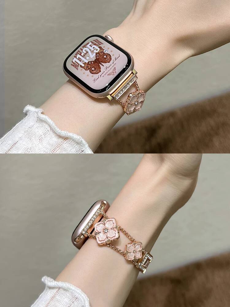 Xuanbei Creative Epoxy Clover Chain Strap for S10, Summer High-end Diamond-studded Apple Watch Series 9 Metal Bracelet, iWatch 8/7 Chanel Style Bracel - view 4