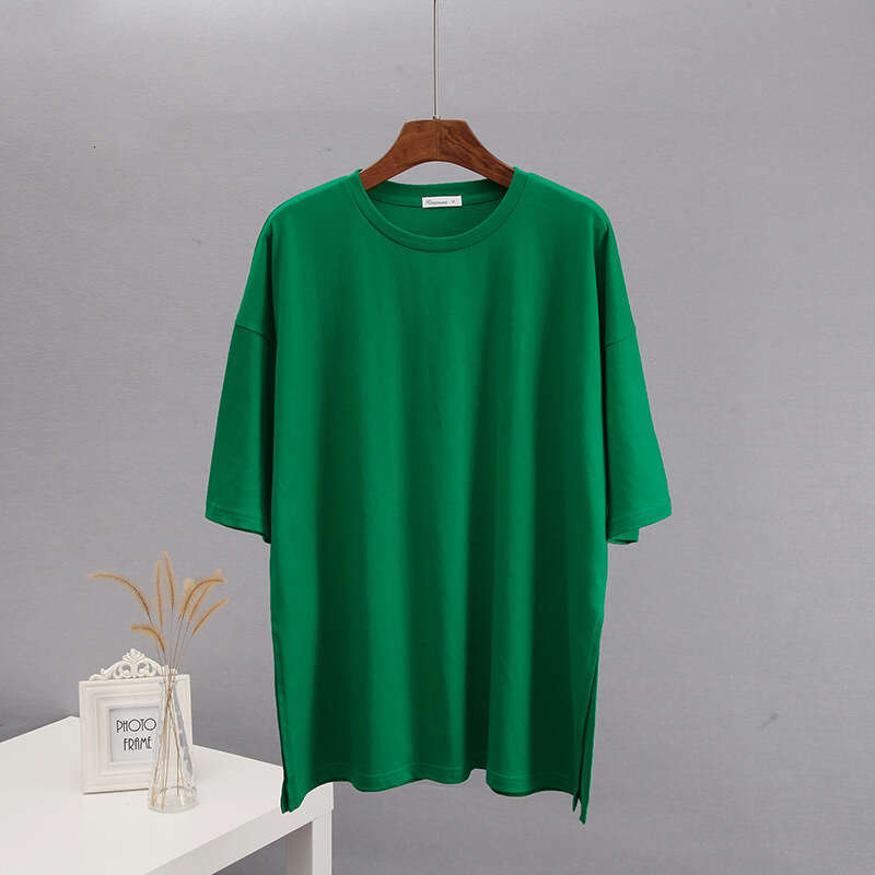 Summer Loose Split Cotton Short Sleeve For Women Comfortable Round Neck Solid Color T-Shirt B5