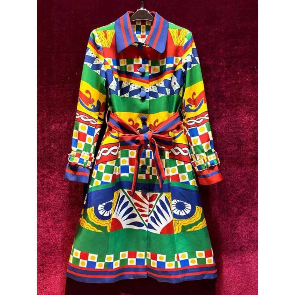 Retro Autumn New Printed Lapel Single-Breasted Long-Sleeved Lace-Up Trench Temperament Fashion Joker Ladies Coat Dress.