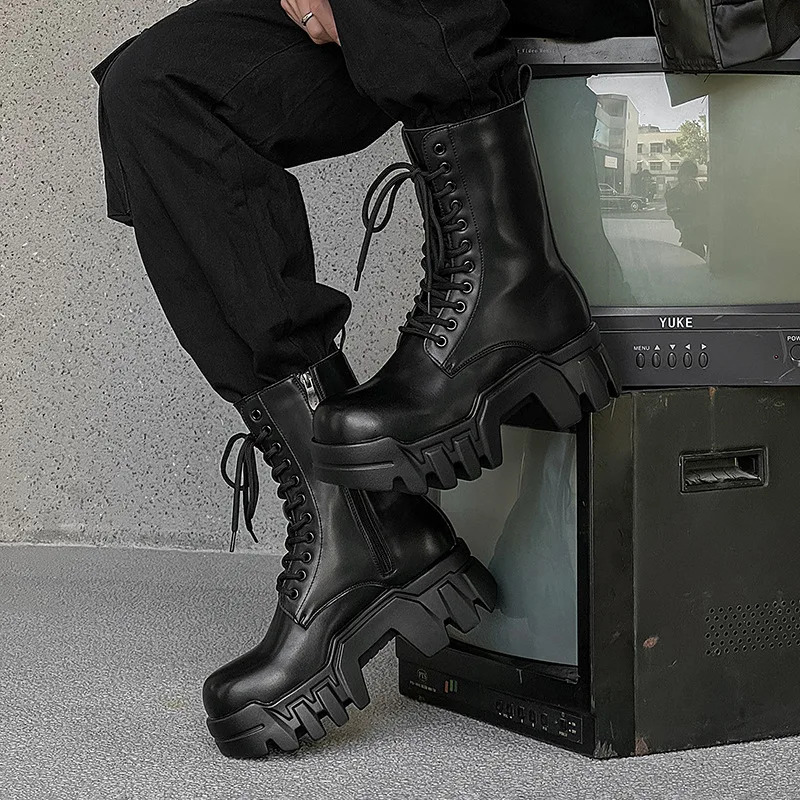 men fashion punk gothic platform boots original leather shoes cowboy high boot black stylish long motorcycle botas mans 250715