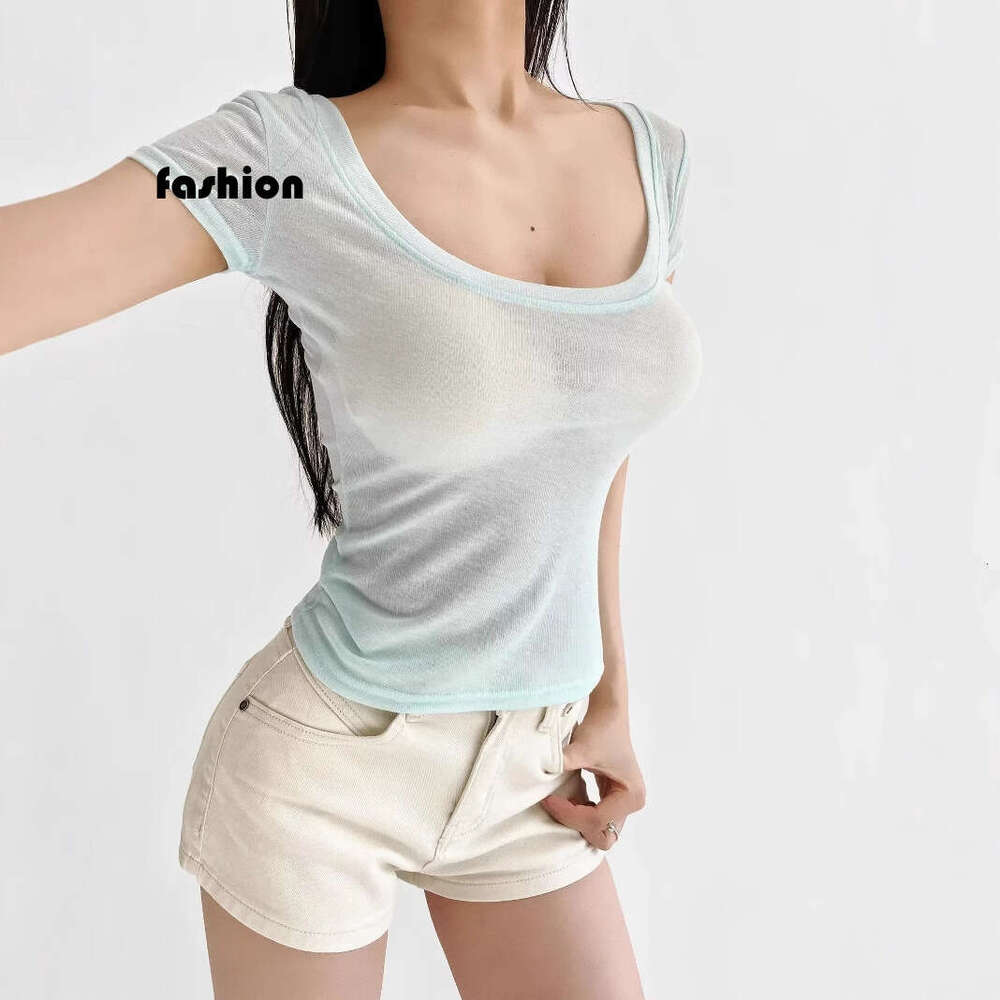 Slightly Transparent Thin U-Neck Short Sleeve T-Shirt For Women Summer Slim Fit Inner Layer Base Shirt Hot Girl White Slimming Regular Shoulder Top B5