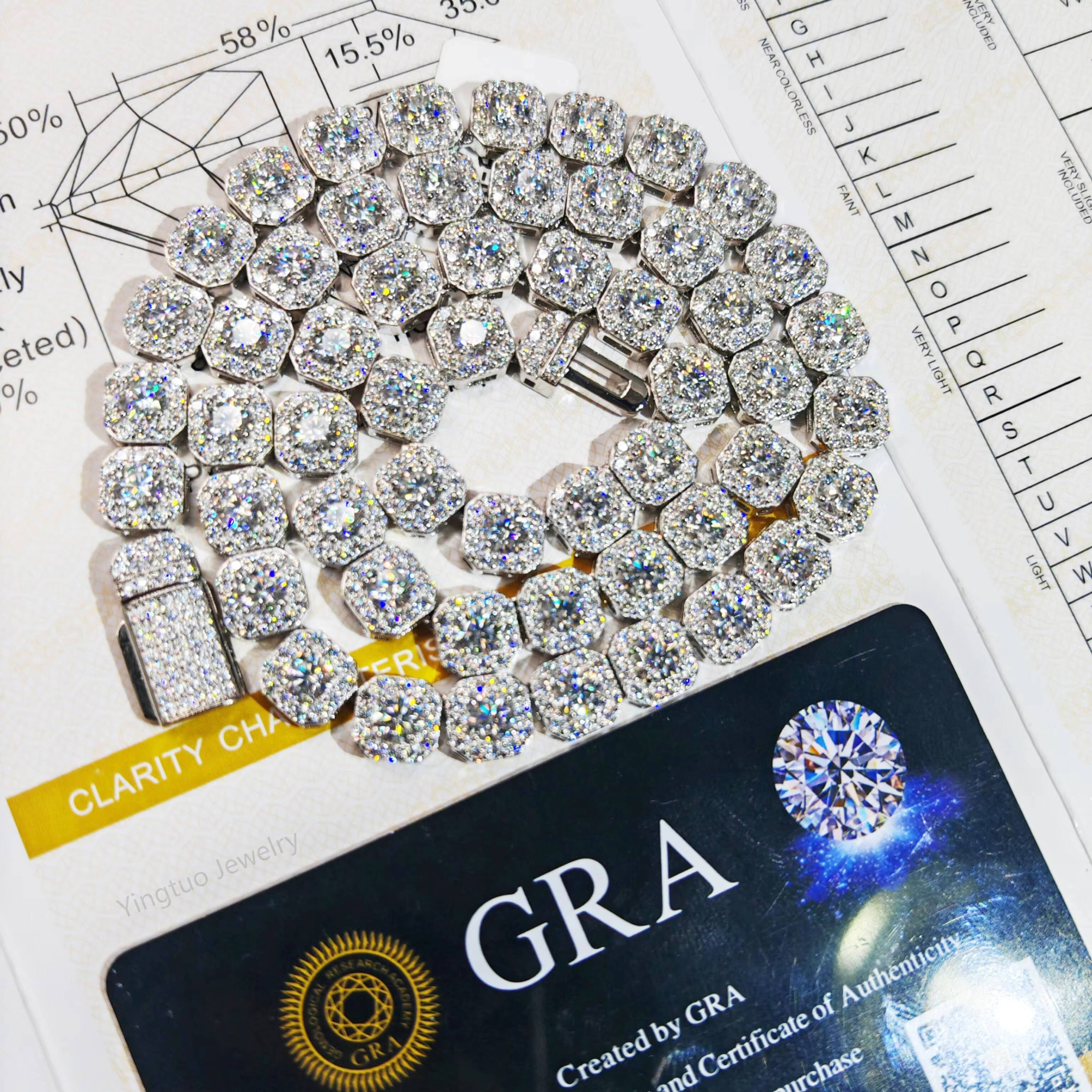 925 Silver Ice Cut D VVS Moissanite Tennis Chain Necklace Bracelet Hiphop Cuban Link Chain with GRA Certification