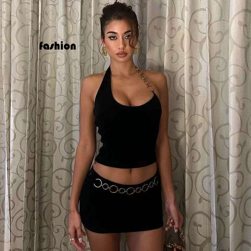 Sweet Cool Spicy Girl Set Metal Ring Halter Neck Short Vest Bodycon Skirt Royal Sister Style Party Outfit B5 g5