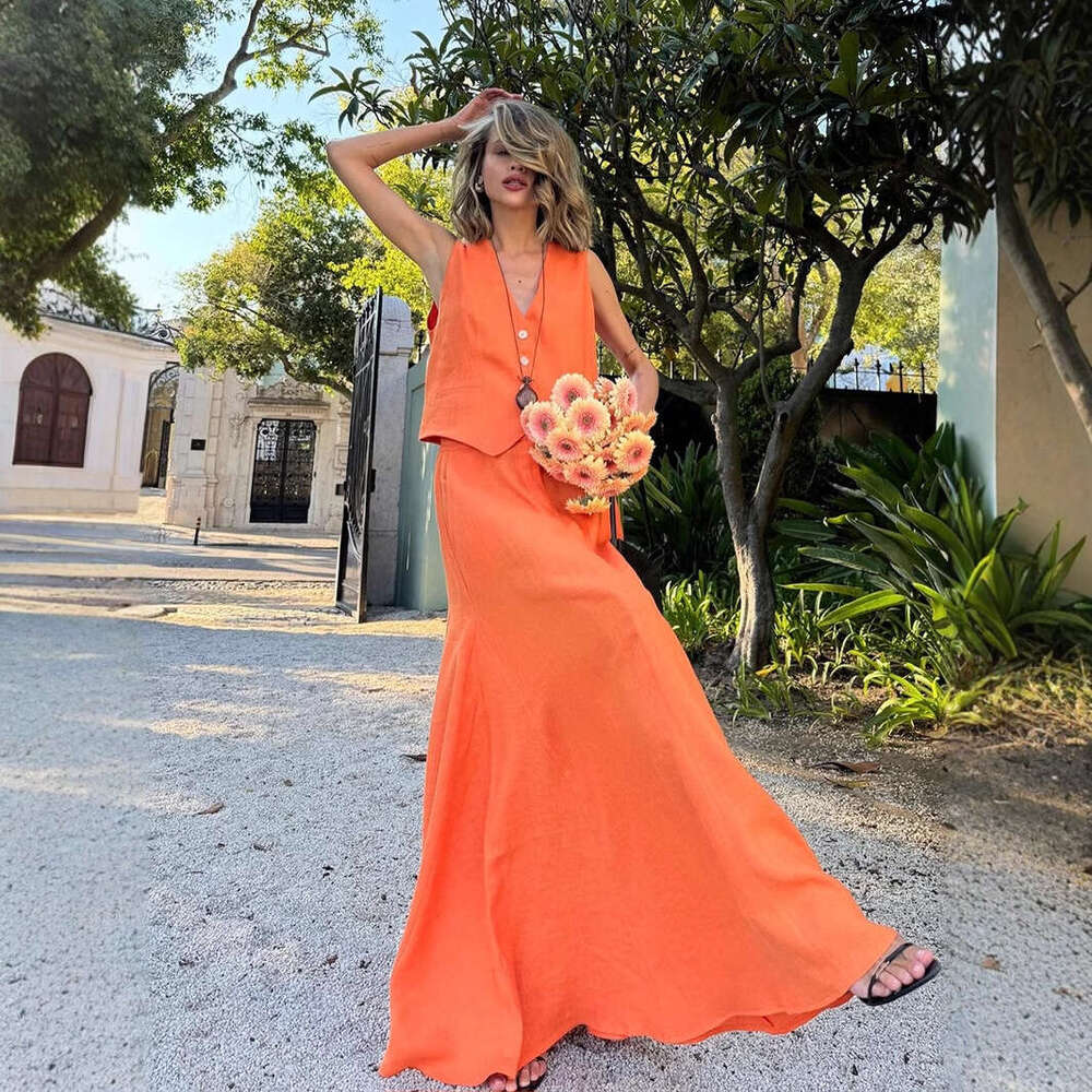 Cotton Linen And For Women Summer New Vest + Flared Skirt Casual Set B5