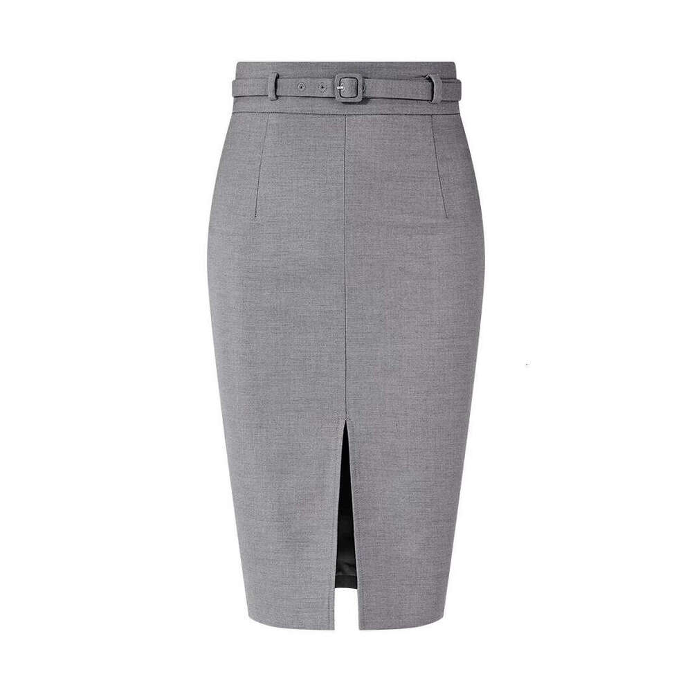 High-Waisted Slimming Front-Slit Blazer For Women, Autumn And Winter Gray Mid-Length With Belt, Bodycon Skirt B5 g5