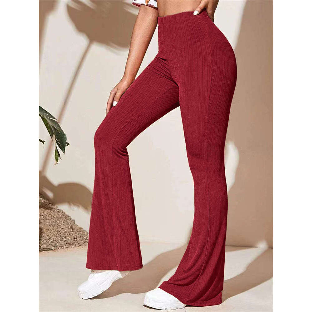 Spring New Commuter Style Women's Ribbed Fabric Mid-Stretch High-Waist Flared Wrinkled Medium Thick Long Pants B5