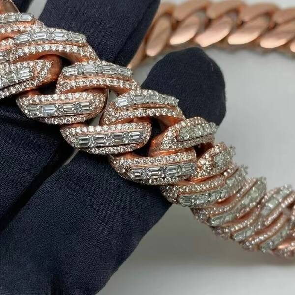 20mm Baguette Miami Cuban Link Chain VVs Moissanite Diamond 925 Sterling Silver Rose Gold Plated 18-24 Necklace
