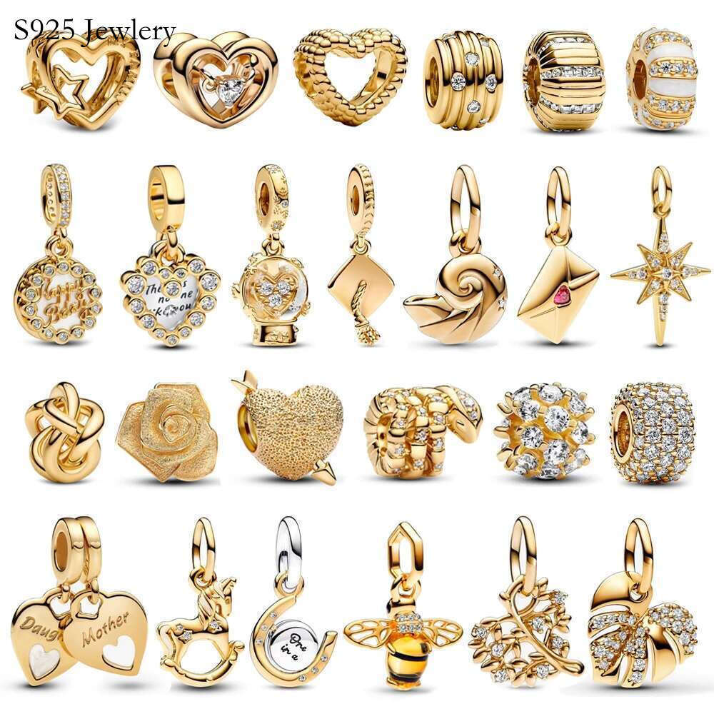 S925 Gold Series 925 Sterling Silver Crystal Ball Love Heart Envelope Rose Pendant Fit DIY Bracelet Necklace Women's Jewelry Gifts