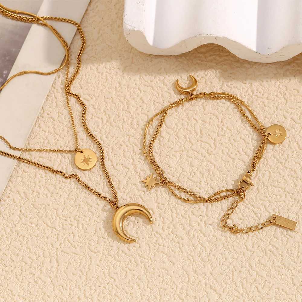 E.B. Crescent Moon Star Three Layers Necklace Bracelet Waterproof Minimalist Stainless Steel Jewelry For Girls Ladies X250718