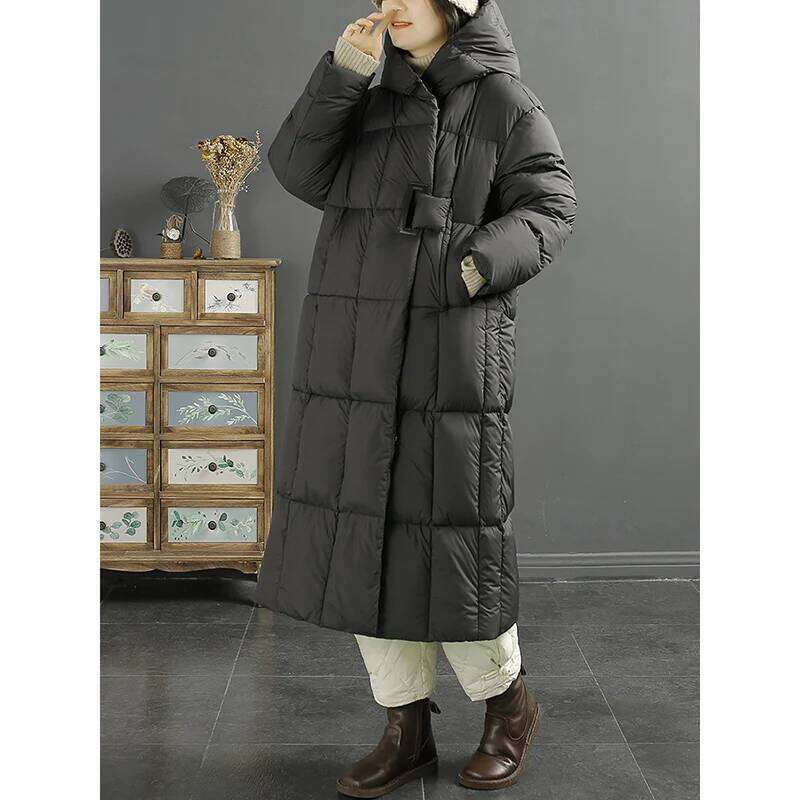 Schinteon Women Down Jacket Casual Loose Over Size Autumn Winter Warm Thick Long Outwear With Removable Hood Solid Color Coat MDNG
