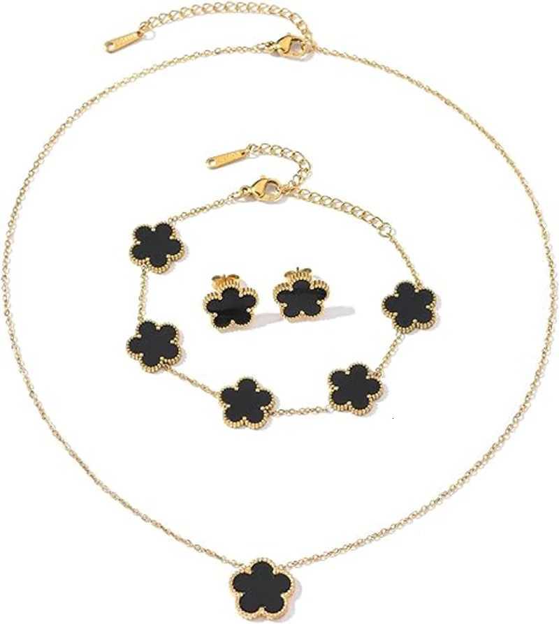 Luxurious Five Leaf Flower Jewelry Set 14K Gold Plated Stainless Steel Black White Gold Silver Color Elegant for Women X250718