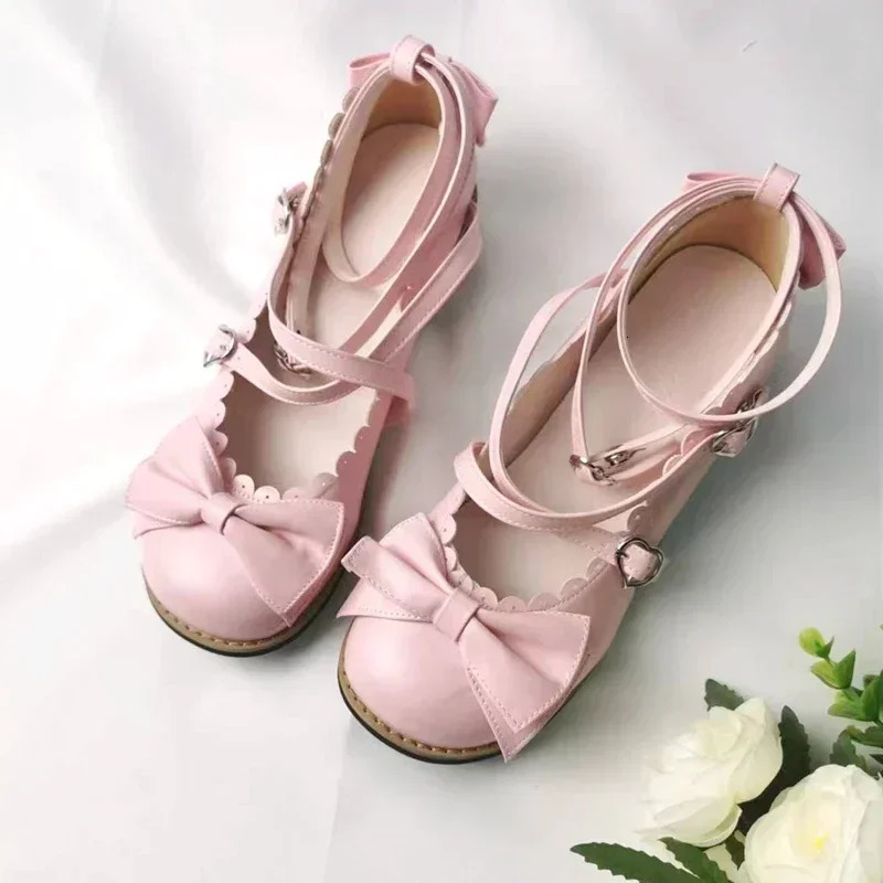 Lolita Shoes Women Flats Low Round With Cross Straps Bow Cute Girls Princess Tea Party Students Lovely Size 3441 250717