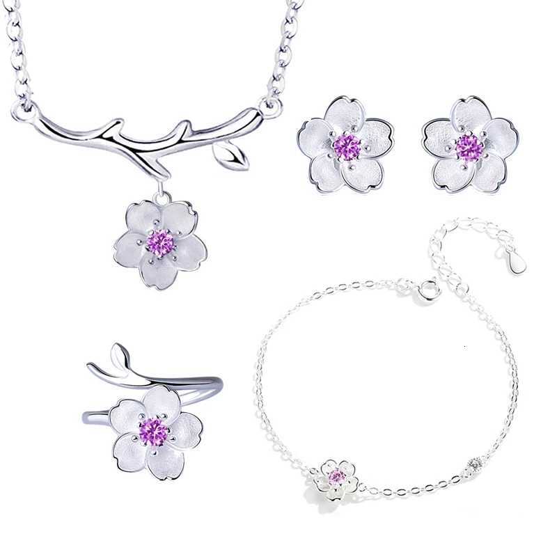 925 Sterling Silver Jewelry Sets Romantic Rose Flower Necklace+Earrings+Ring+Bracelet For Women X250718