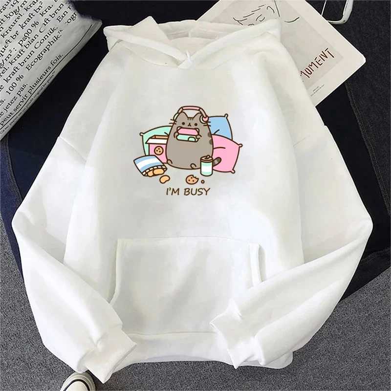 Cartoon Cat Hoodie Sorry Im Busy Printed Mens and Womens Casual Fashion Hooded Sweatshirt Autumn and Winter Warm Top XJ250714