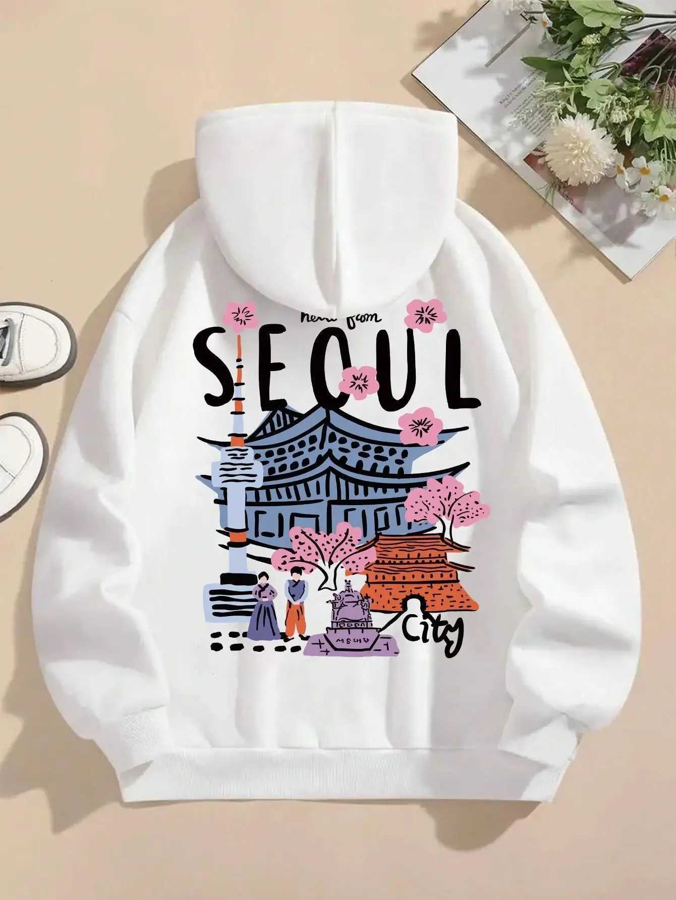 Seoul Beautiful Scenery Printing Womens Hooded Warm Face Comfortable Hoodies Simple Soft Hoodie Street Casual Loose Pullover XJ250717