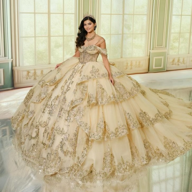 Champagne Shiny Quinceanera Dresses Ball Gown Off The Shoulder Sequin Applique Lace Bow Beading Tull Corset Party Birthday Sweet 16 Dress Vestidos 15 