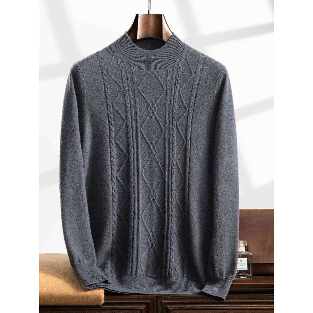 High-End Men 100% Sweater Twist Flower Mock-Neck Pullover Autumn Winter Cashmere Knitwear Long Sleeve Smart Casual Tops