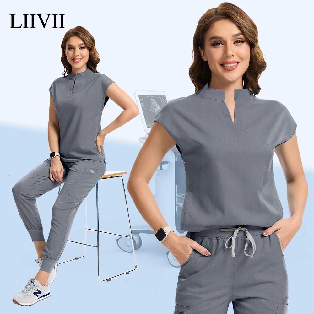 Grey Workwear Women Fashion Nursing Uniform Pet Shop Lab Work Clothes Doctor Nurse Scrub Set Medical Surgery Uniform Tops+Pants Z250718