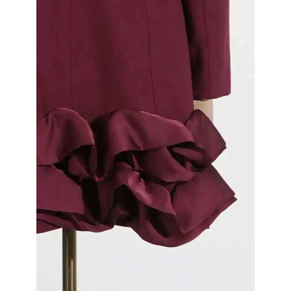 EAM Women Wine Red Elegant Suit Dress New Lapel Long Sleeve Waist Ruffles Hem Jacket Fashion Tide Spring Autumn 2025 30A2877