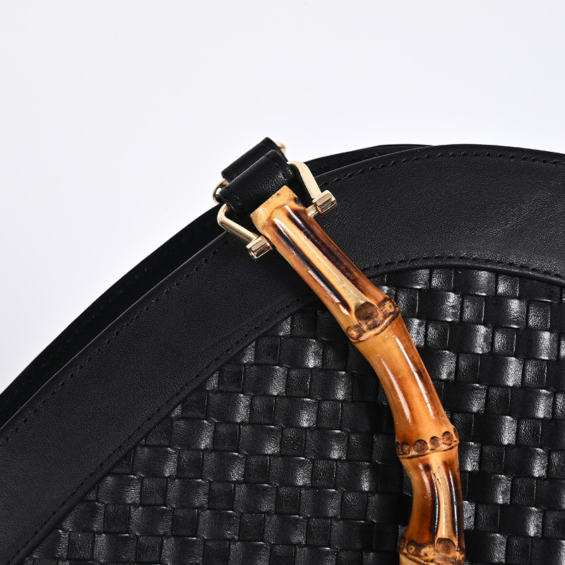 Black Woven Handbag Top Layer Cowhide Storage Bag Hardware Zipper Large Capacity Quilted Small Round Bag 250718
