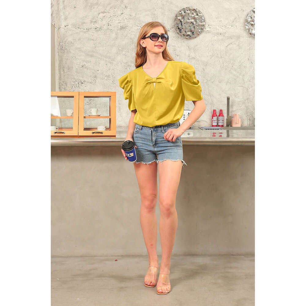 Summer Women's Solid Color Puff Sleeve Bowknot V-Neck Slim Fit Sweet Fresh Versatile Base Shirt B5