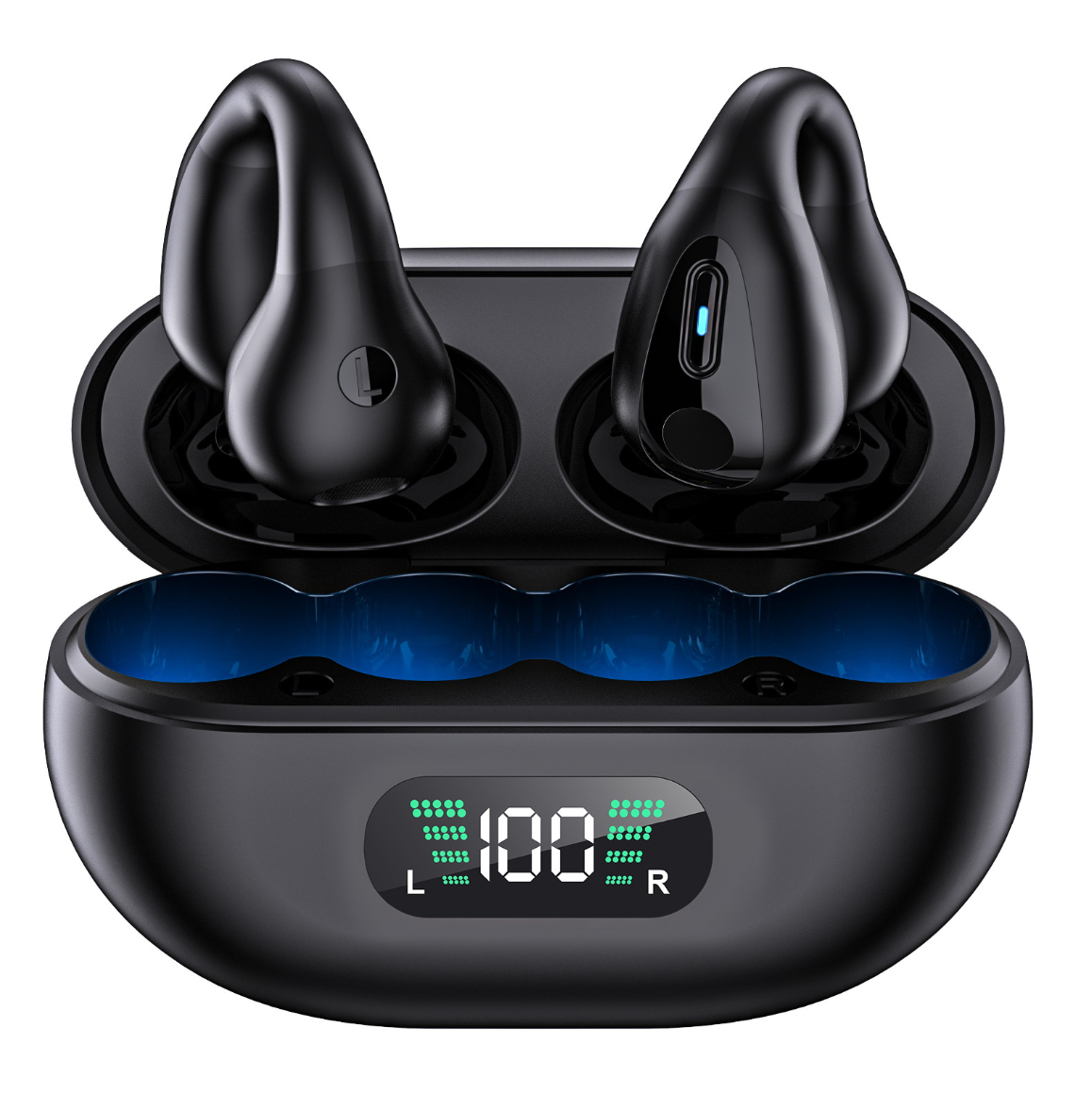 Wireless Bluetooth earphones with noise cancellation, over-ear design, large battery capacity, ear clip style, suitable for sports