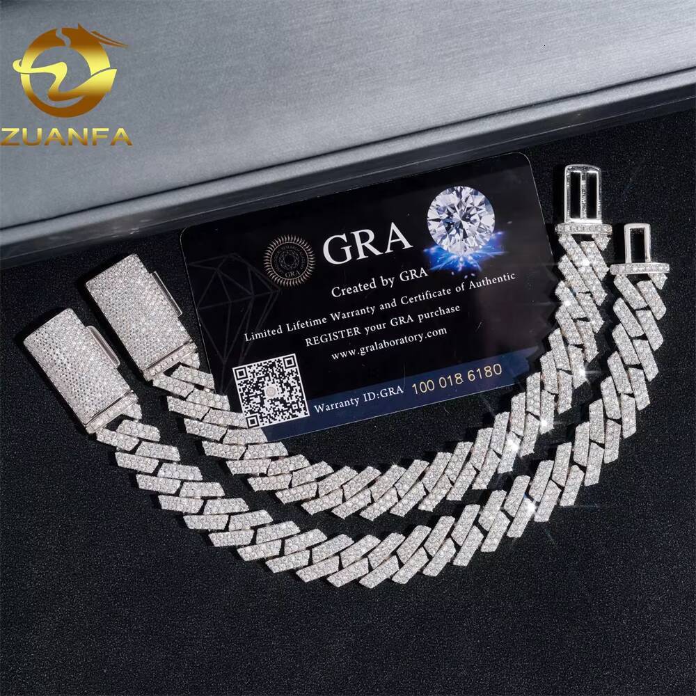 In Stock 13mm 2 Rows 925 Solid Silver Iced Out Hip Hop Jewelry VVS1 Moissanite Diamond Cuban Link Chain Bracelet Men