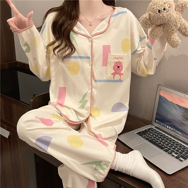 B977-Spring and autumn thin long-sleeved pajamas ladies new cute cardigan home clothes loose two-piece suit female