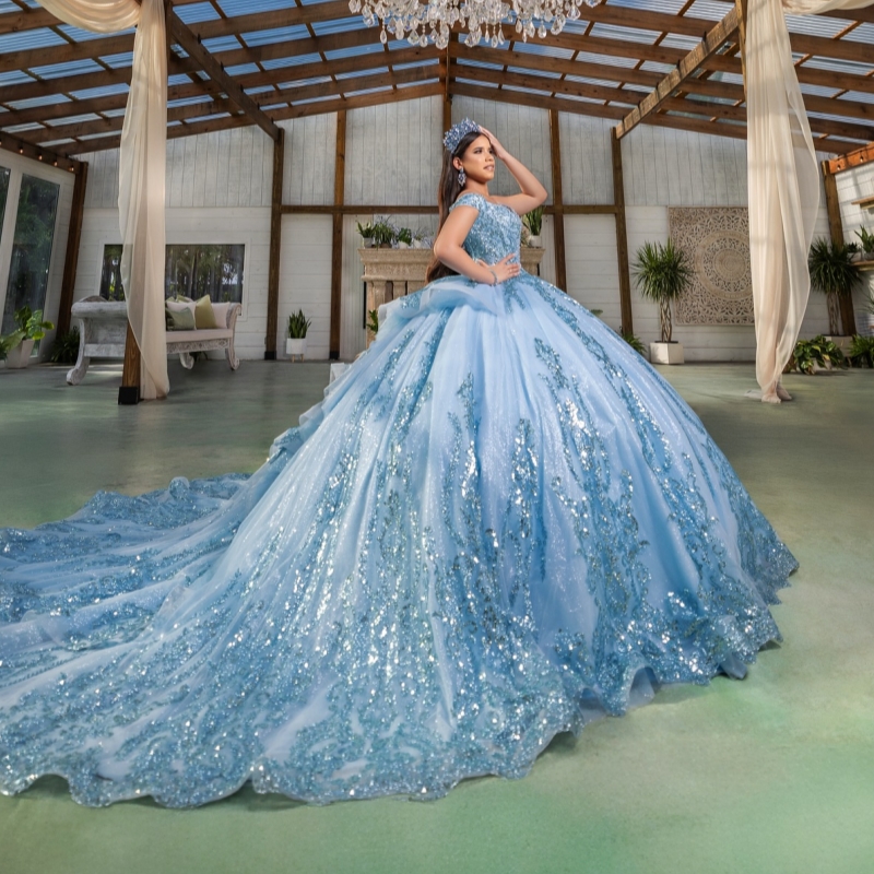 Light Blue Shiny Quinceanera Dresses Ball Gown Off The Shoulder Sequin Applique Lace Beads Tull Corset Party Birthday Sweet 16 Dress Vestidos 15 Anos