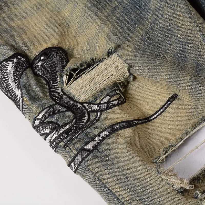 Men Snake Embroidery Denim Jeans Vintage Blue Snakeskin Leather Patch Stretch Pants Skinny Tapered Trousers X2507181
