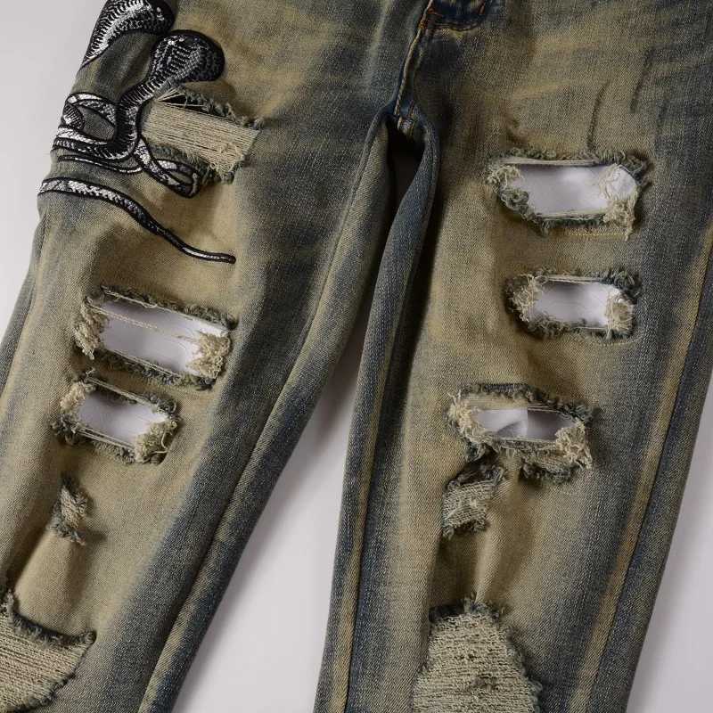 Men Snake Embroidery Denim Jeans Vintage Blue Snakeskin Leather Patch Stretch Pants Skinny Tapered Trousers X2507181
