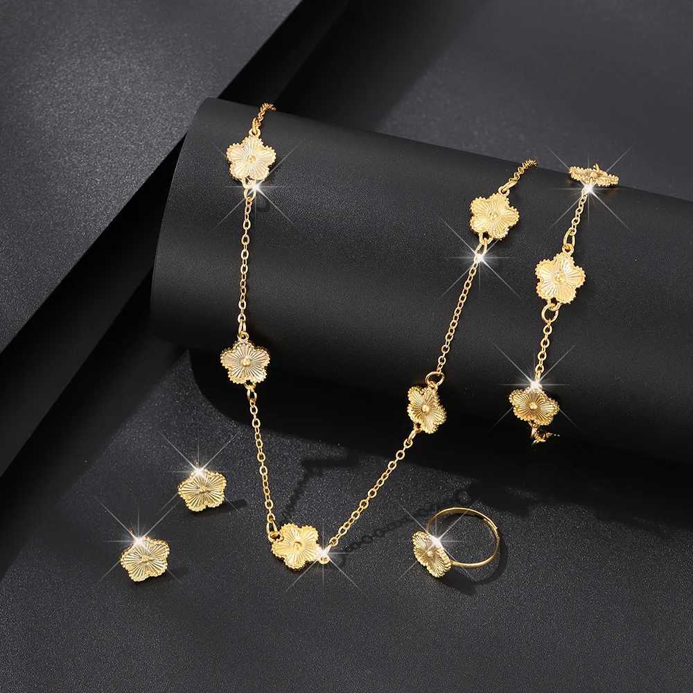 Shining Plum Bloss Plant Five Leaf Flower Plant Jewelry Set Bracelet Necklace Earrings by Wens X2507181