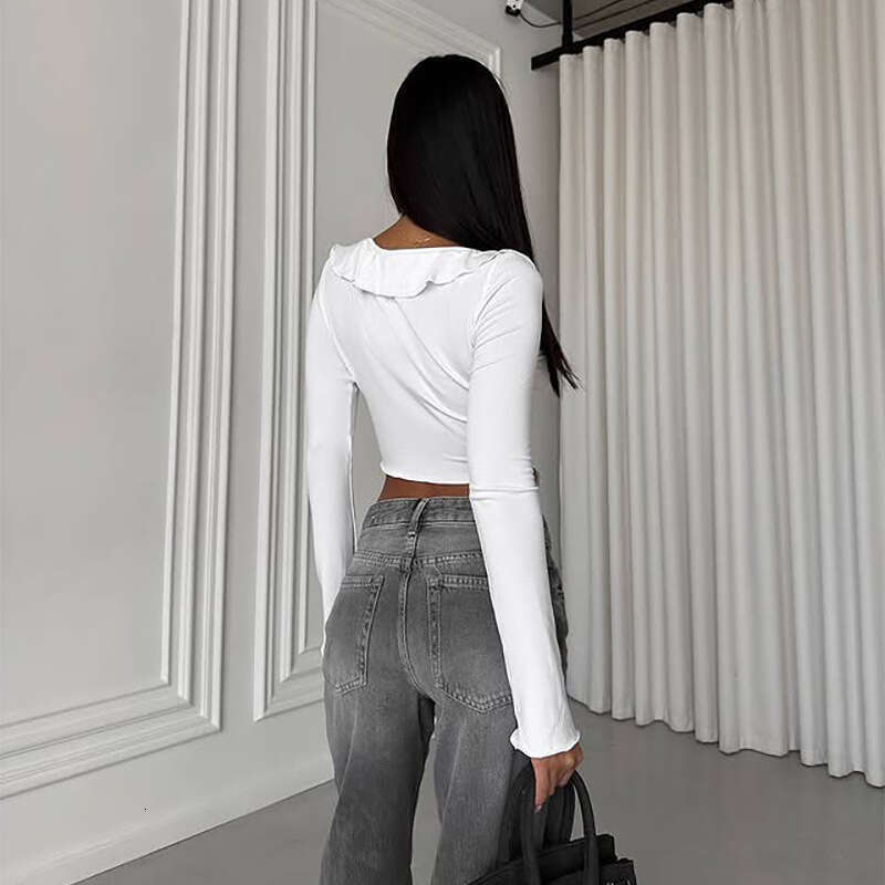 New Style Lace-Up Long Sleeve Women's Ruffled Sweet Spicy Pure Desire Short Top V-Neck Slim Sexy B5