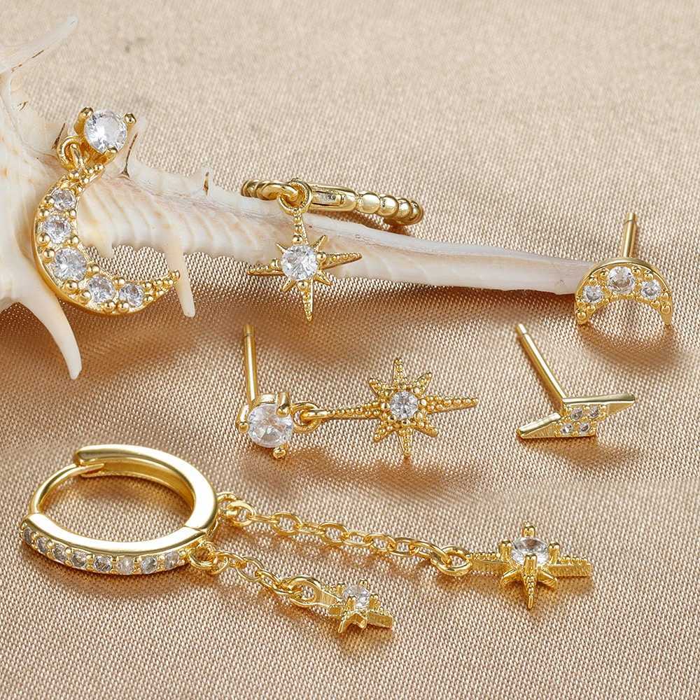 6PCS New Stainless Steel Chain Star Moon Hoop Earrings Set For Women Cubic Zirconia Pendant Cartilage Earring Piercing Jewelry X2507181