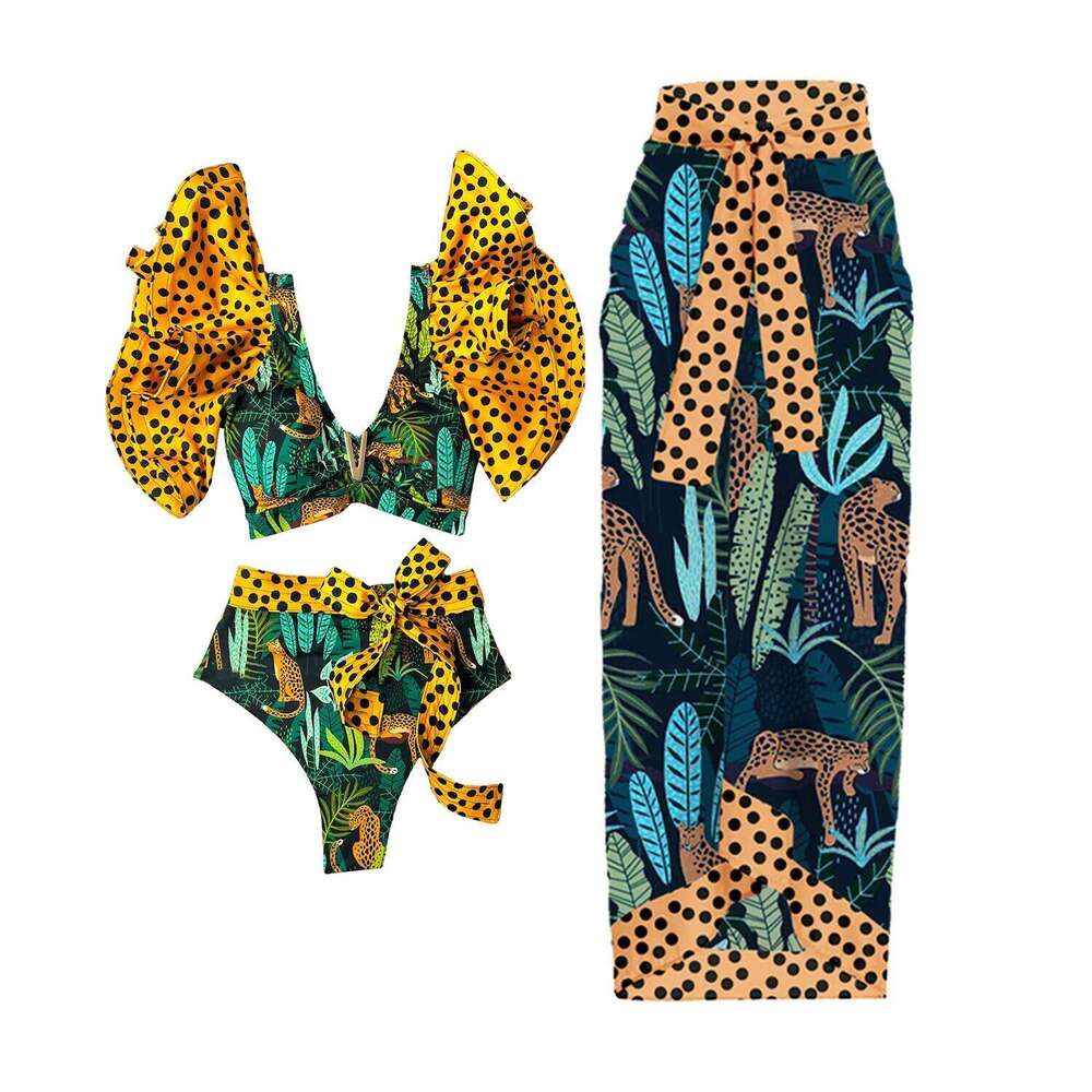 Sexy Printed Bikinis With Cover Up Women Swimwear 2025 Shoulder Ruffle Swimsuit Female V Neck Biquini Bathingsuit Beachwear