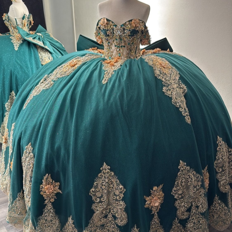 Blackish Green Shiny Quinceanera Dresses Ball Gown Off The Shoulder Applique Flower Beads Bow Tull Corset Party Birthday Sweet 16 Dress Vestidos 15 An