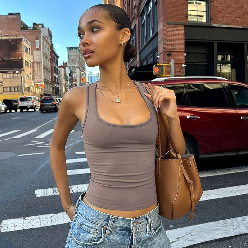 Women's Summer Outer Wear Ribbed High Elastic Racerback Square Round Neck Vest Fitness Yoga Top B5 g5
