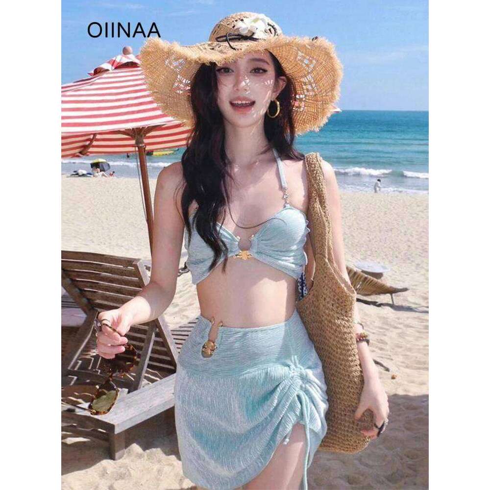 OIINAA Swimsuit Women Neck-mounted Metal Decor Bikini Set High Waisted Drawstring Hot Spring Swimwear Summer 2025 New Beachwear
