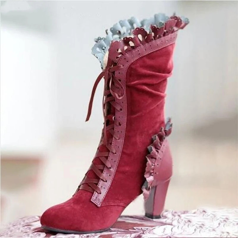 Women Lace Womens High Heel Middle Tube Boots Botas Zapatos Mujer Retro Leather Winter Shoes Booties Cowboy Botas Mujer 250717