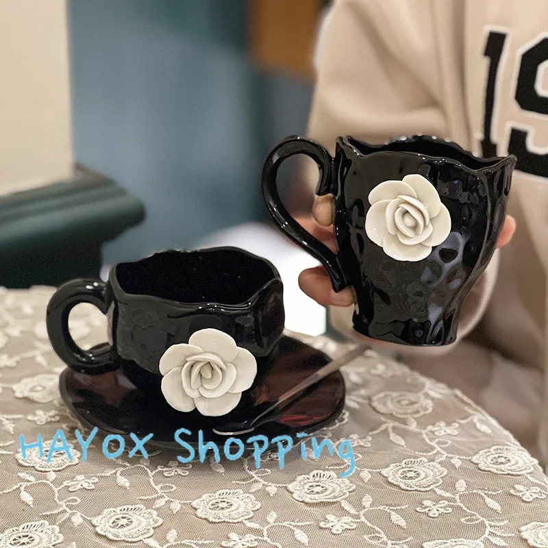 Lanjia French Camellia Ceramic Mugs D White Rose Breakfast Milk Coffee Cup Saucer Set High Quality Kitchen Drinkware B B A