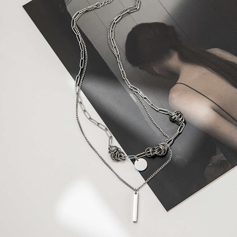Korean Version Hip-Hop Wrap Non-Fading Titanium Steel Necklace Unisex Ins Punk Double Layer Stacked Sweater Chain Accessory