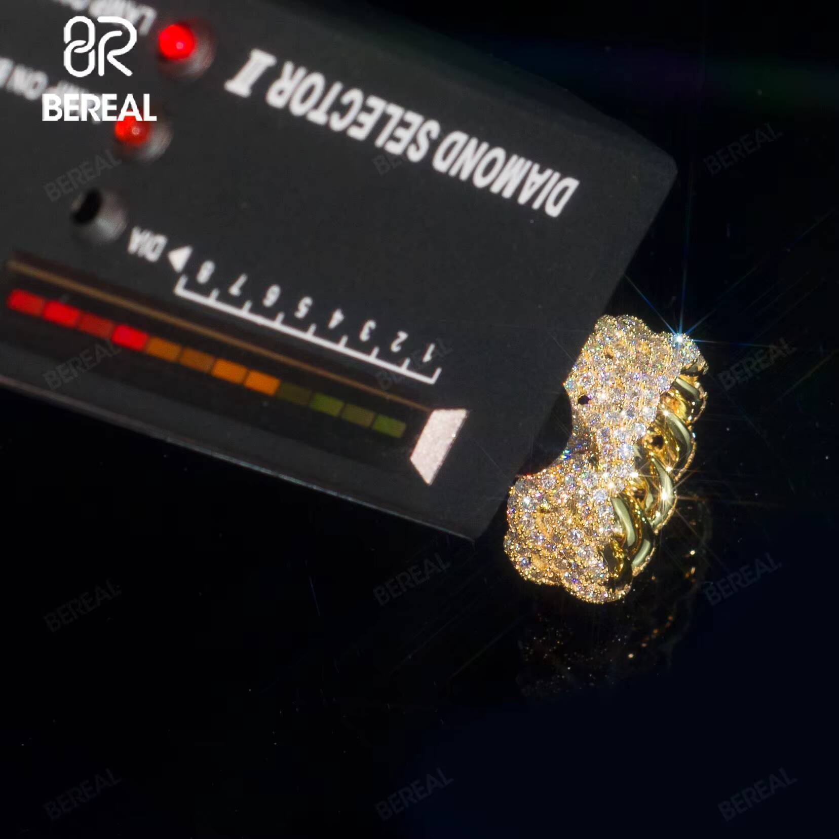 Pass Diamond Tester Cuban Chain Style 14K Solid Gold Moissanite Hip Hop Ring Iced Out Round Brilliant Cut Vvs Diamond Band