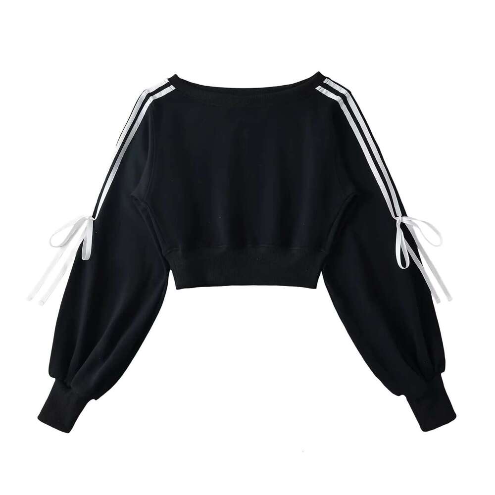 American Style Patchwork Pullover Sweatshirt For Women, Short New Autumn Hot Girl Lace-Up Loose Slimming Off-Shoulder Top B5