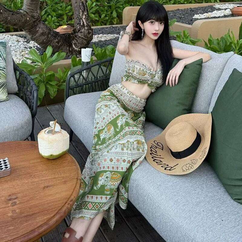 Bohemian Beach Set Handmade Print Wrap Skirt Crochet Top Strapless Swimsuit Thailand Vacation Summer Resort Wear