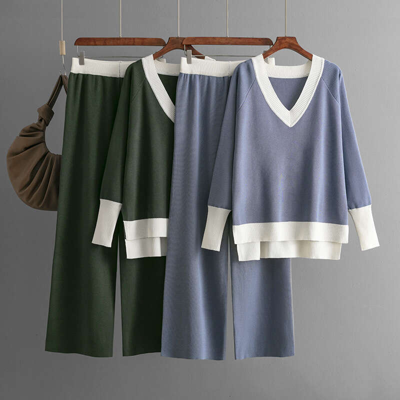 Fashion Casual for Women 2024 Autumn Winter New V-neck Color-block Knit Sweater Loose Wide-leg Pants Two-piece Set