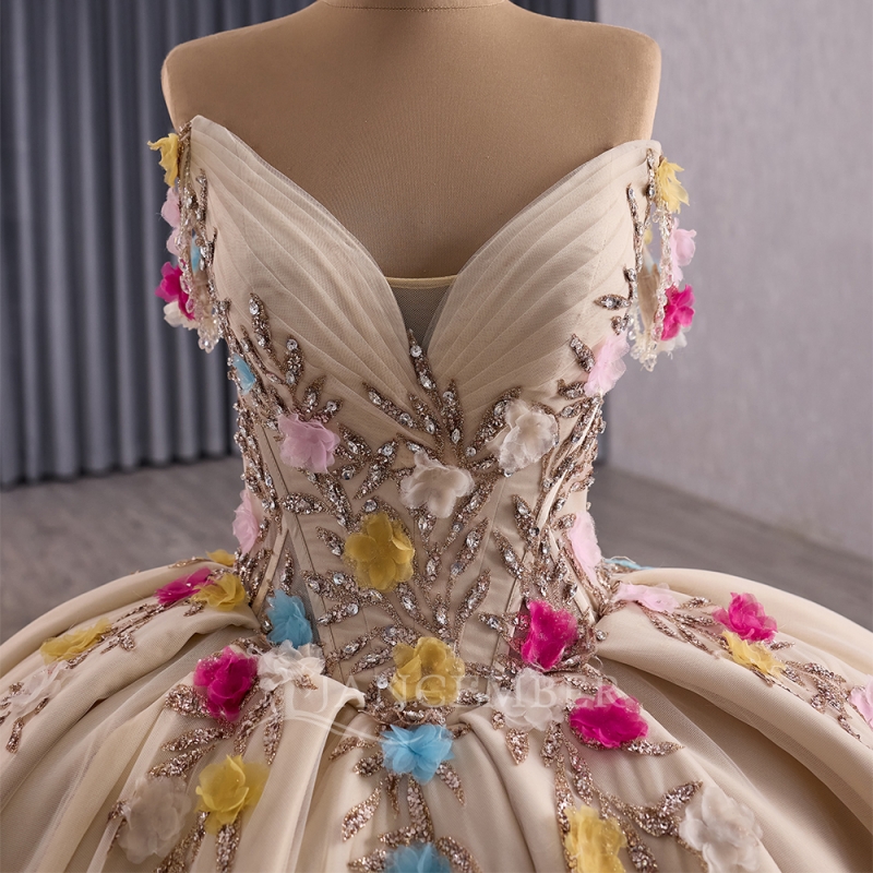 Champagne Shiny Quinceanera Dresses Ball Gown Off The Shoulder Sequin Applique Flower Beading Tiered Tull Corset Party Birthday Sweet 16 Dress Vestido
