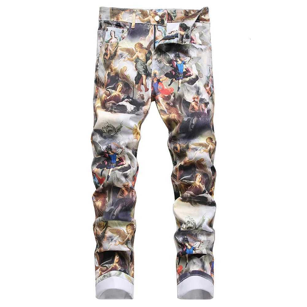 Men Classical Painting Print Jeans Fashion Angel Immortal Stretch Pants Slim Tapered Denim Trousers X2507181