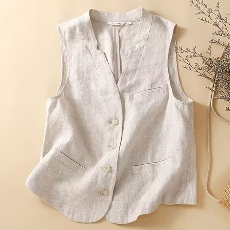 100% Cotton and Linen Waistcoat Vneck Vest for Women Summer 250703