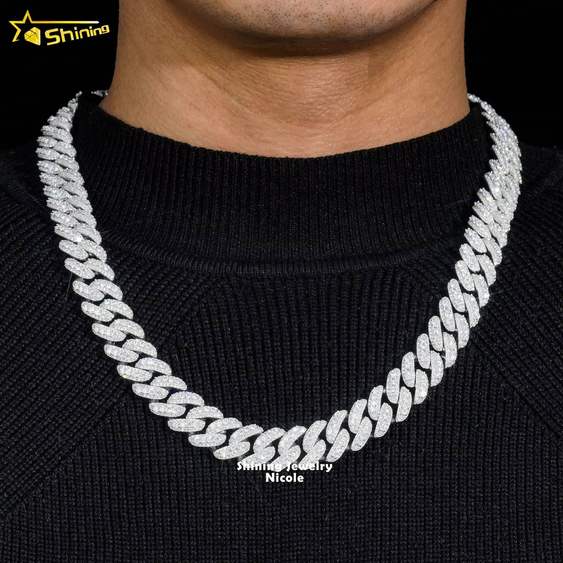 Hip Hop Rapper Jewelry Solid Silver 925 VVS Diamond Necklace 14MM Iced Out Moissanite Cuban Link Chain
